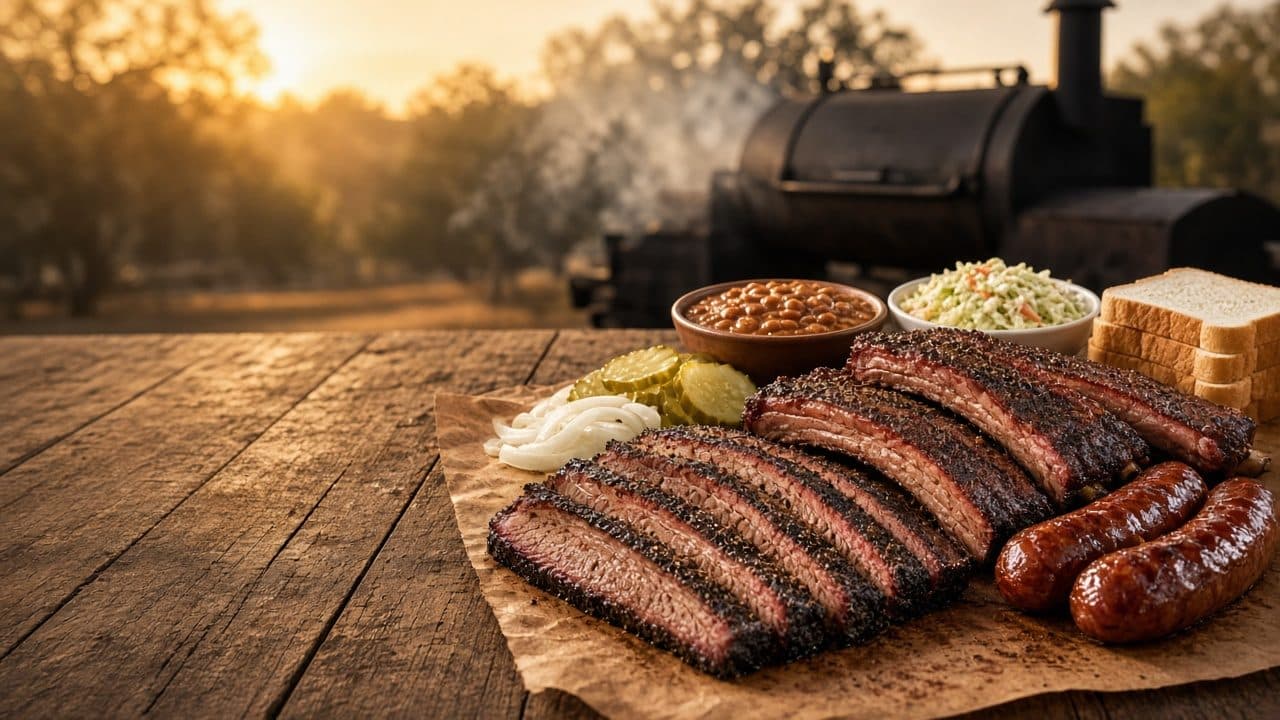 Sliced smoked brisket, ribs, and sausage on butcher paper beside an offset smoker at sunset