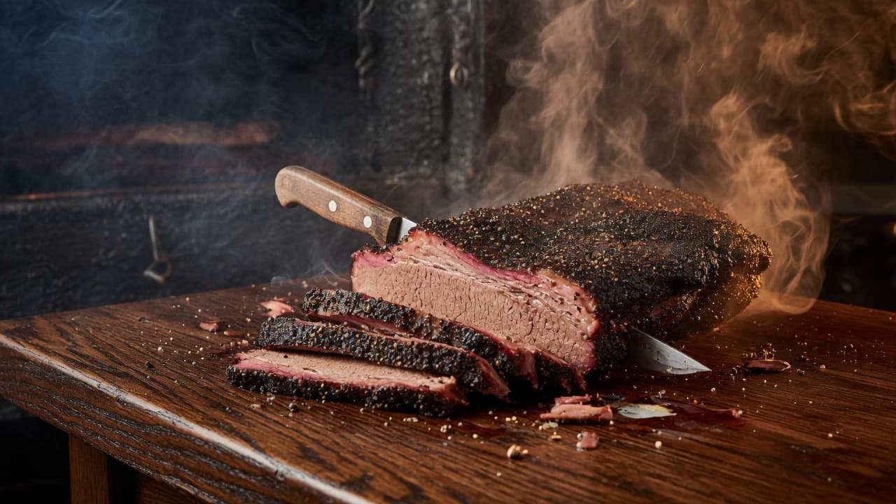 Overnight smoked brisket being carved at the pit